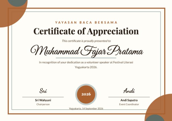 Appreciation Yayasan Baca Bersama Certificate