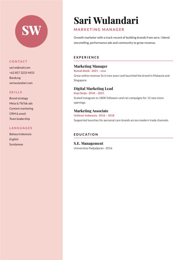 Sari Wulandari Marketing Manager Resume