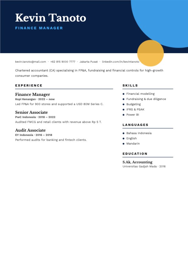 Kevin Tanoto Finance Manager Resume