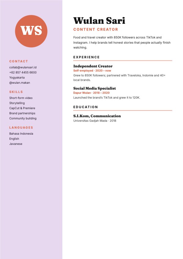 Wulan Sari Content Creator Resume