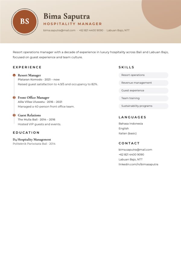 Bima Saputra Hospitality Manager Resume
