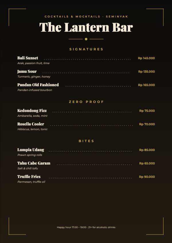 The Lantern Bar Menu